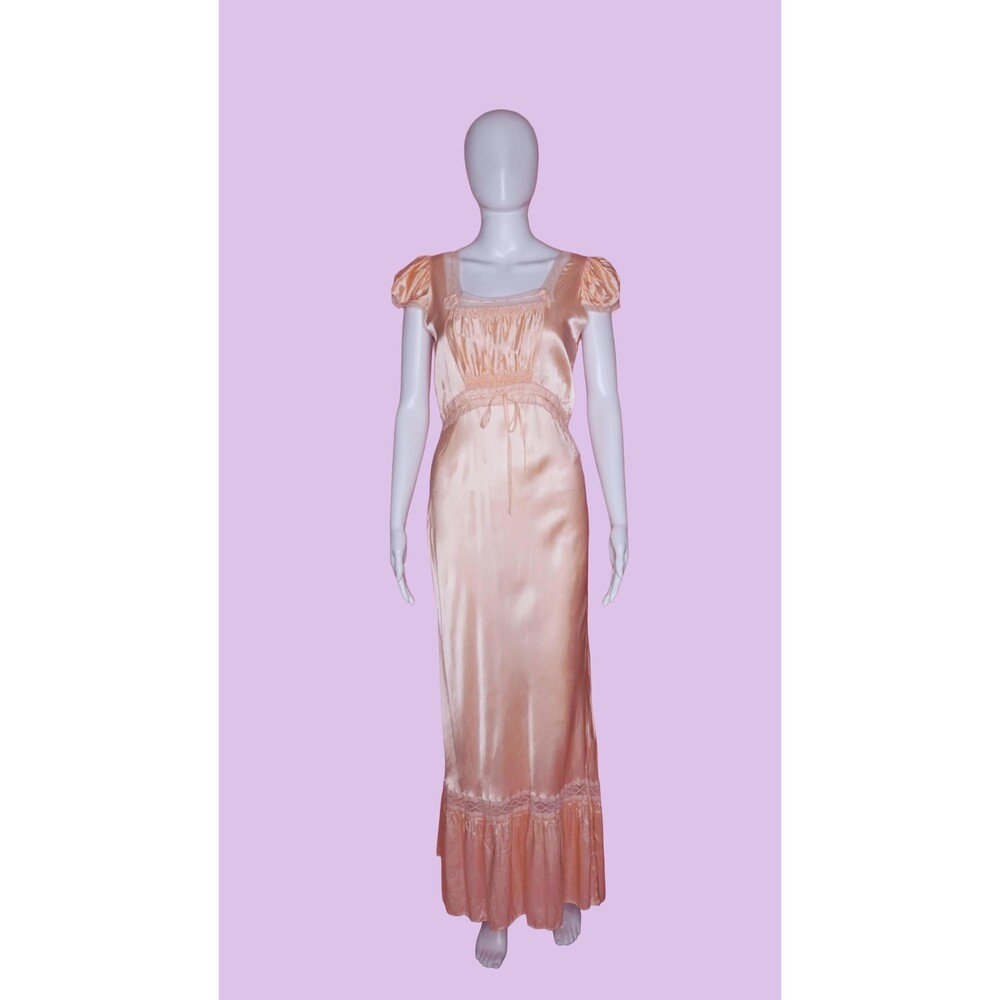 1930s-1940s Liquid Satin Silky LACE Trim Short Sleeve Maxi SLIP Dress. S-M AS IS